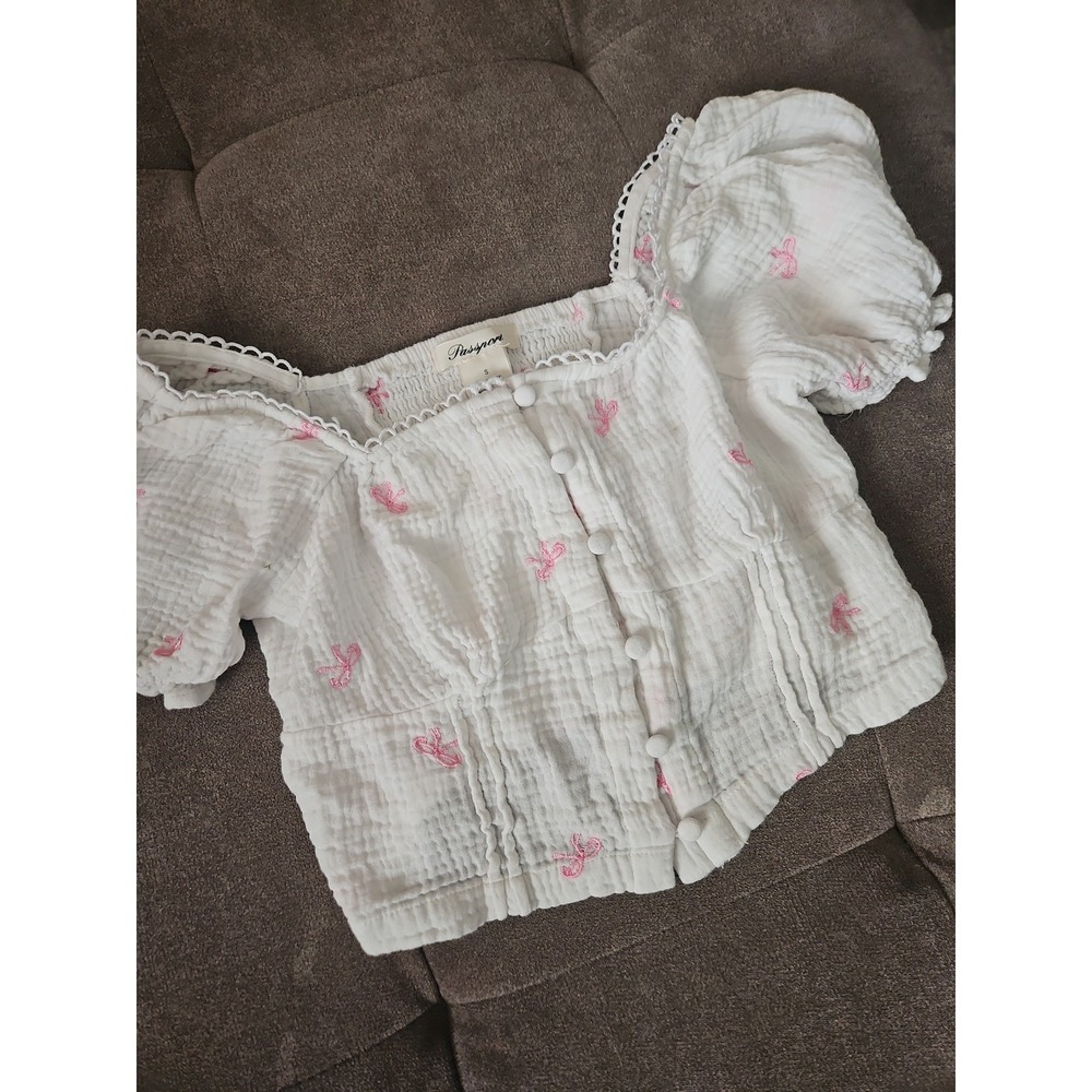 Passport Cotton Gauze Cottagecore Puff Sleeve Top Small White Pink Bows Coquett